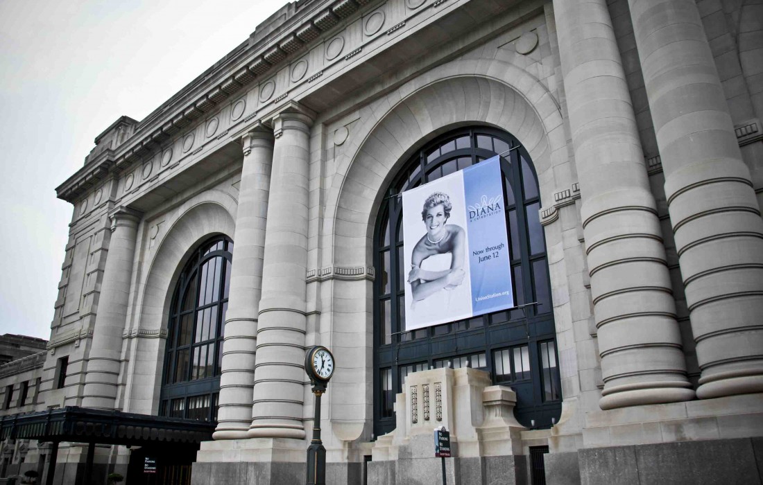 Princess Diana hanging banner outside Union Station