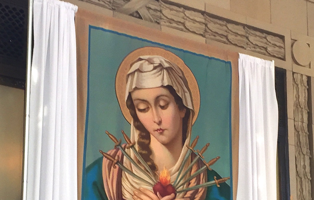 Custom printed fabric banner of Mary